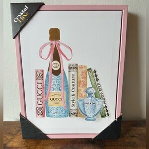 Luxury Designer Canvas Pink Framed Art with Books and Champagne Wall Decor NWT